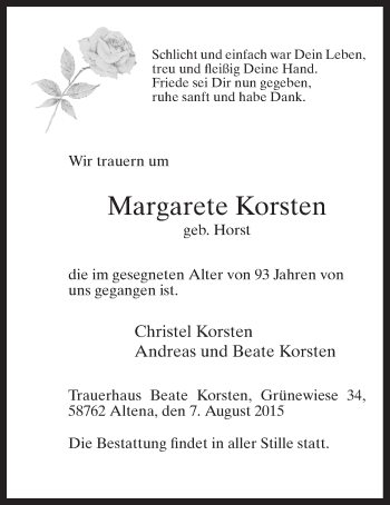 Todesanzeige von Margarete Korsten von MZV