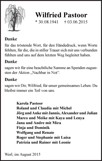 Todesanzeige von Wilfried Pastoor von MZV