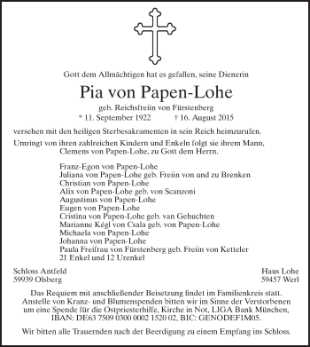 Todesanzeige von Pia von Papen-Lohe von MZV