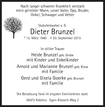 Todesanzeige von Dieter Brunzel von MZV