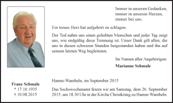 Todesanzeige von Franz Schmale von MZV