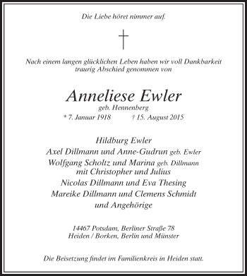 Todesanzeige von Anneliese Ewler von MZV