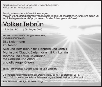 Todesanzeige von Volker Tebrün von MZV