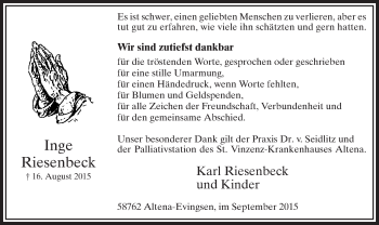 Todesanzeige von Inge Riesenbeck von MZV