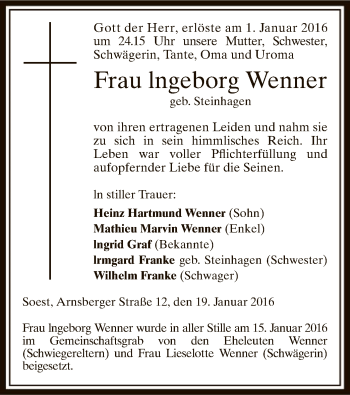 Todesanzeige von Ingeborg Wenner von MZV