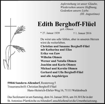 Todesanzeige von Edith Berghoff-Flüel von MZV