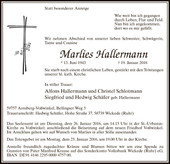 Todesanzeige von Marlies Hallermann von MZV