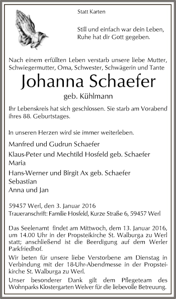 Todesanzeige von Johanna Schaefer von MZV