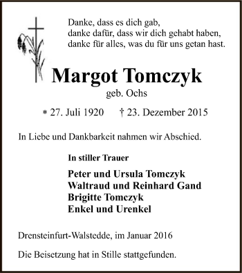 Todesanzeige von Margot Tomczyk von MZV