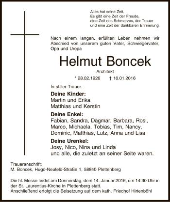 Todesanzeige von Helmut Boncek von MZV