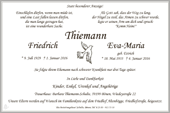 Todesanzeige von Friedrich und Eva-Maira Thiemann von MZV