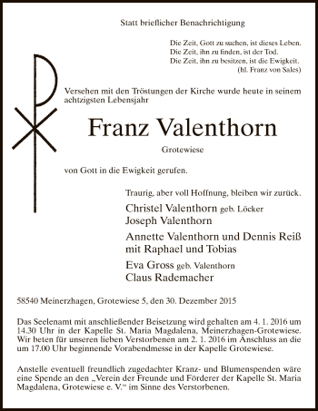 Todesanzeige von Franz Valenthorn von MZV