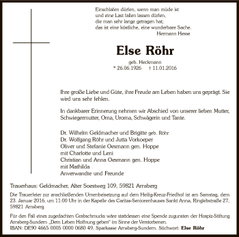 Todesanzeige von Else Röhr von MZV