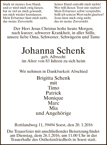 Todesanzeige von Johanna Schenk von MZV