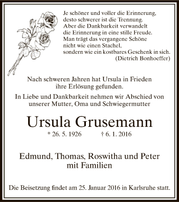 Todesanzeige von Ursula Grusemann von MZV