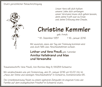 Todesanzeige von Christine Kemmler von MZV