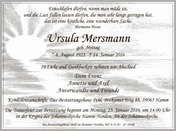 Todesanzeige von Ursula Mersmann von MZV