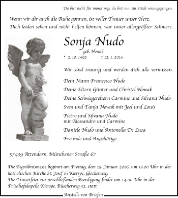 Todesanzeige von Sonja Nudo von MZV