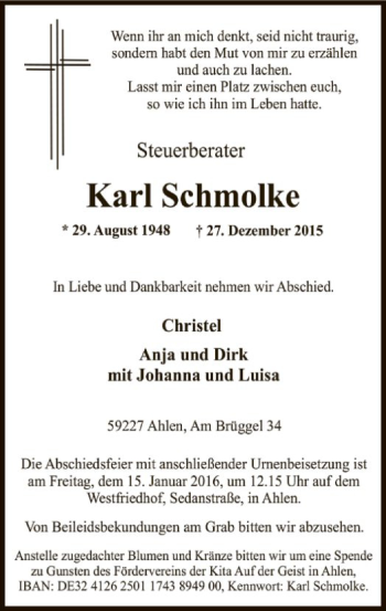 Todesanzeige von Karl Schmolke von MZV