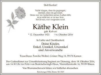 Todesanzeige von Käthe Klein von MZV