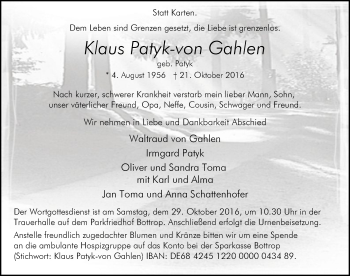 Todesanzeige von Klaus  Patyk-von Gahlen von MZV
