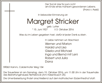 Todesanzeige von Margret Stricker von MZV