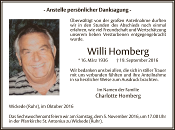 Todesanzeige von Willi Homberg von MZV