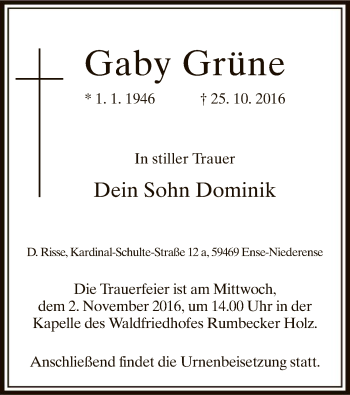 Todesanzeige von Gaby Grüne von MZV