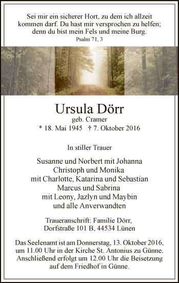 Todesanzeige von Ursula Dörr von MZV