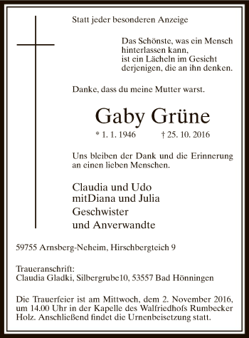 Todesanzeige von Gaby Grüne von MZV