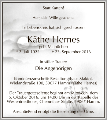 Todesanzeige von Käthe Hernes von MZV