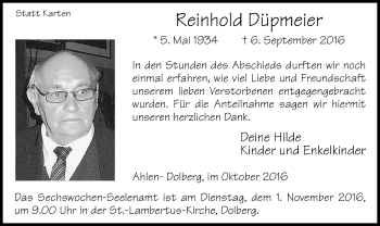 Todesanzeige von Reinhold Düpmeier von MZV