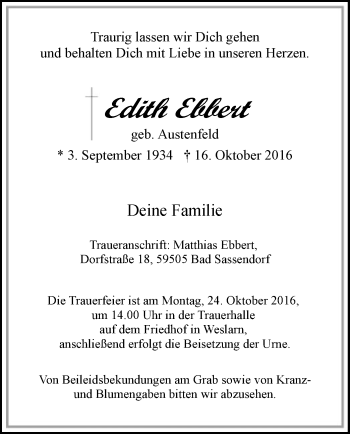 Todesanzeige von Edith Ebbert von MZV