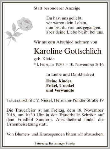 Todesanzeige von Karoline Gottschlich von MZV