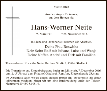 Todesanzeige von Hans-Werner Neite von MZV