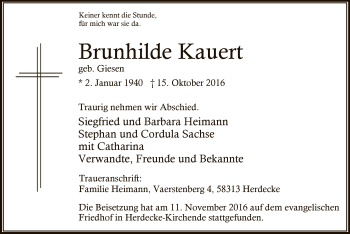 Todesanzeige von Brunhilde Kauert von MZV