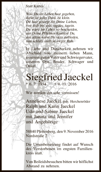 Todesanzeige von Siegfried Jaeckel von MZV