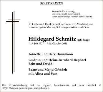 Todesanzeige von Hildegard Schmitz von MZV