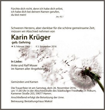 Todesanzeige von Karin Krüger von MZV