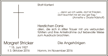 Todesanzeige von Margret Stricker von MZV
