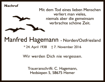 Todesanzeige von Manfred Hagemann von MZV