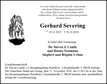 Todesanzeige von Gerhard Severing von MZV