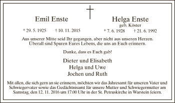 Todesanzeige von Emil und Helga Enste von MZV
