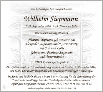 Todesanzeige von Wilhelm Siepmann von MZV