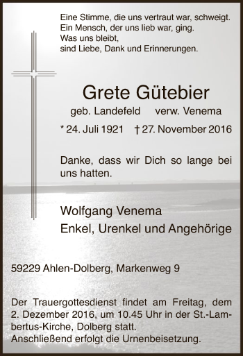 Todesanzeige von Grete Gütebier von MZV