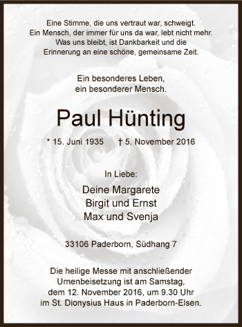 Todesanzeige von Paul Hünting von MZV