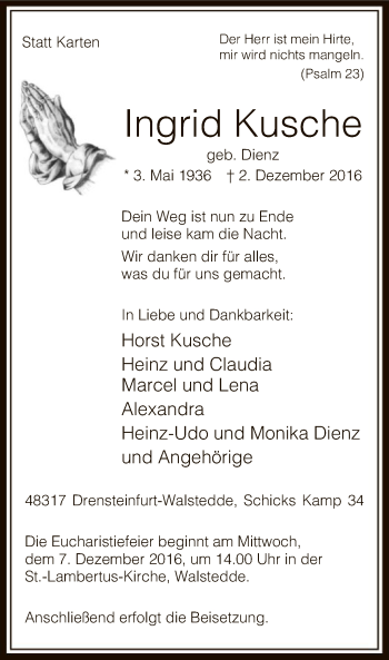 Todesanzeige von Ingrid Kusche von MZV