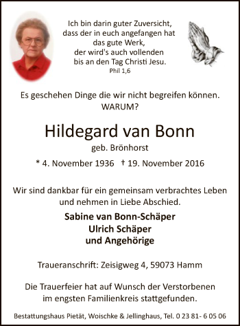 Todesanzeige von Hildegard van Bonn von MZV