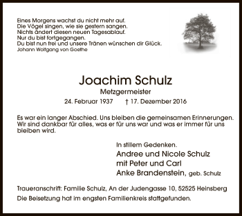 Todesanzeige von Joachim Schulz von MZV