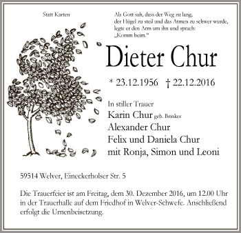 Todesanzeige von Dieter Chur von MZV